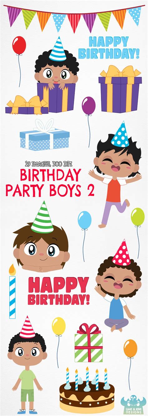Birthday Party Boys 2 Clipart Instant Download Vector Art Commercial