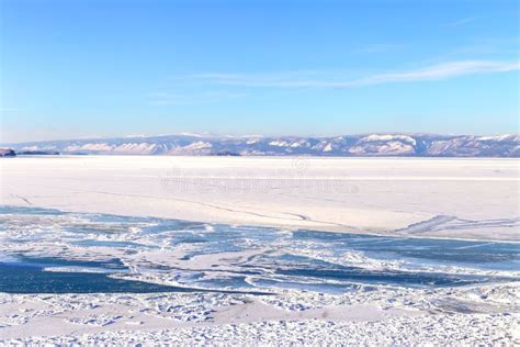 Winter Landscape With Lake Covered With Icelake Baikal Russia Stock