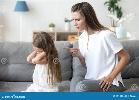 Angry Mother Scolding Stubborn Kid Closing Ears Not Listening Stock