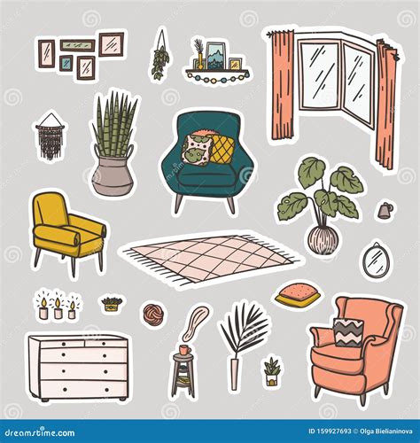 Living Room Interior Design Doodle Style Hand Drawn Stickers Set Stock