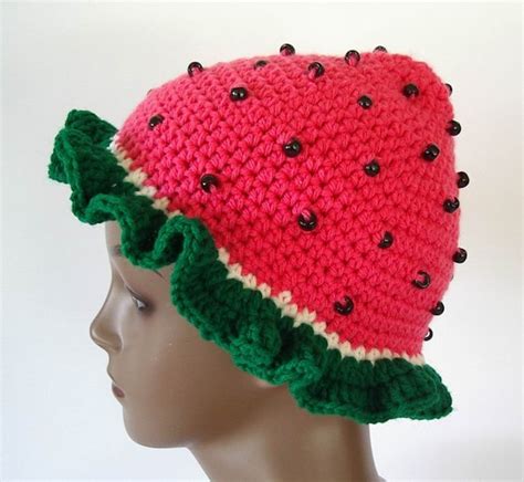 Watermelon Crochet Hat Pink Ruffled Green Edge Children Teen