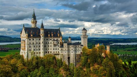 Bavarian Alps Castle Germany Neuschwanstein Under Dark Cloudy Sky Hd