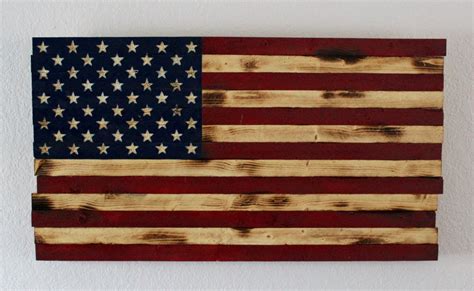 Wooden American Flag With Carved Stars And Painted And Charred