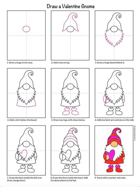 Easy How To Draw A Valentine Gnome Tutorial Video And Valentine Gnome