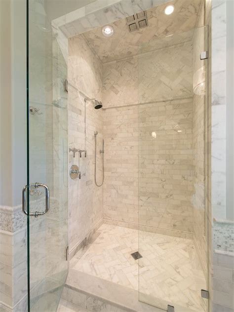 It can be tricky to picture the size of a. Herringbone tile shower floor and above for contrast ...