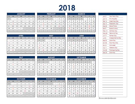 2018 Excel Yearly Calendar Free Printable Templates