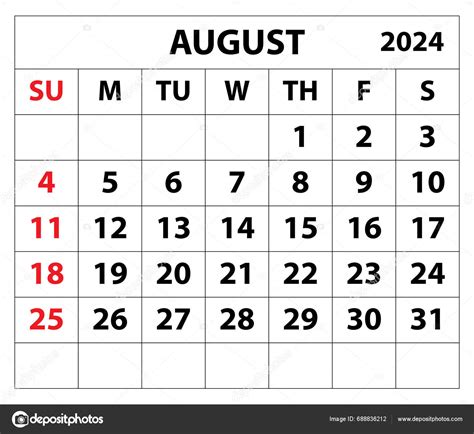 2024 August Month Calendar Color Vector Illustrator Calendar Design