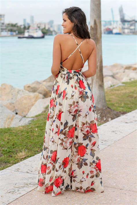 Cream Floral Maxi Dress With Criss Cross Back Maxi Dresses Saved By