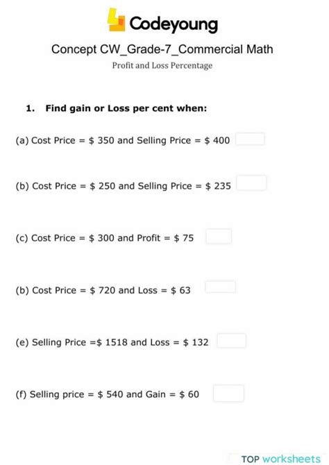 Profit And Loss Percentage Concept Cw Interactive Worksheet