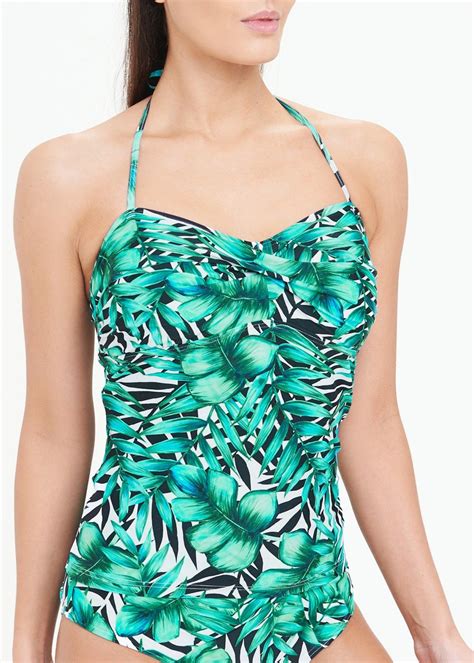 Women Papaya Holiday Swimwear Leaf Print Halterneck Tankini Top Green