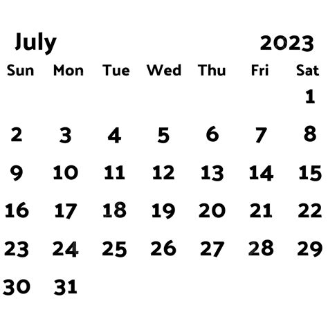 2023 Calendar July Black And White 2023 Calendar Calendar July Png
