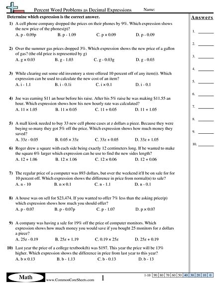 Algebraic expressions are formed from variables and constants. Algebra Worksheets - Percent Word Problems as Decimal ...