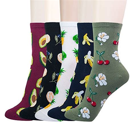 Yourfeet Womens 5 Pack Cotton Fun Fruits Designed Novelty Crew Socks Ts Size 6 9 5 Fruits
