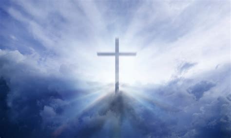 Heavenly Cross In The Sky With Clouds And Sun Rays Stock Photo
