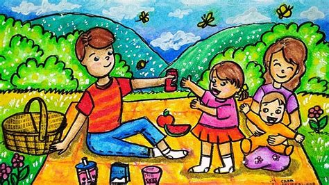 Cara Menggambar Dan Mewarnai Tema Piknik Keluarga Di Kebun Dengan