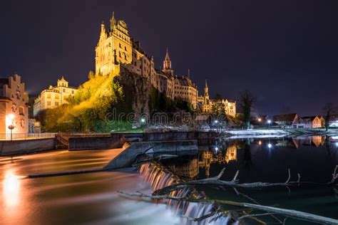 Night Shot Of Illuminated Castle Hohenzollern In Sigmaringen With
