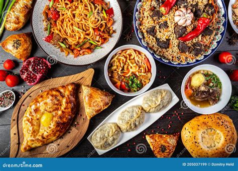 The Concept Of Oriental Cuisine Assorted Uzbek Food Set Pilaf Samsa