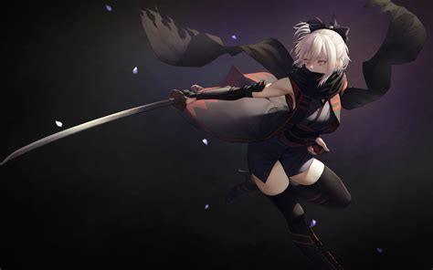 Wallpaper White Hair Anime Girls Short Hair Weapon Stockings Katana Sword Japanese