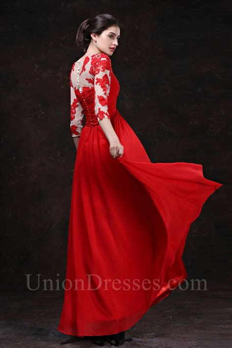 Flowing A Line V Neck Empire Waist Long Red Chiffon Evening Prom Dress