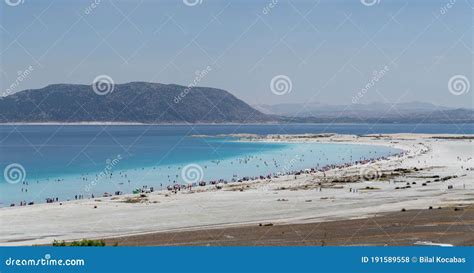 People Are Sunbathing And Swimming In Salda Lake Burdur Turkey Stock