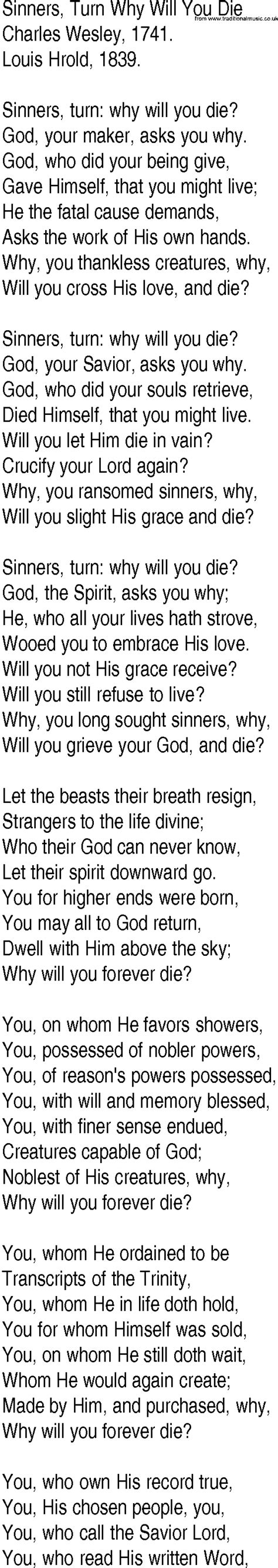 Hymn and Gospel Song Lyrics for Sinners, Turn Why Will You Die by