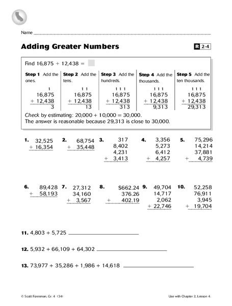 Adding Greater Numbers Worksheet