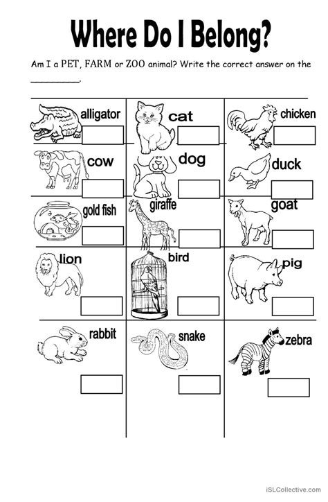 PET, FARM, or ZOO/WILD Animals: English ESL worksheets pdf & doc