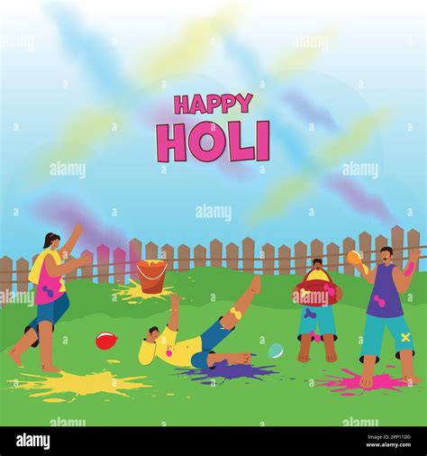 Holi Celebration Background With Cartoon Young Men And Women Enjoying