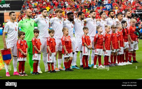 cardiff uk 16th june 2023 armenia during the national anthem wales