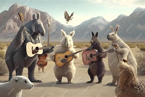 Premium Ai Image A Group Of Animals Playing Guitar In A Desert