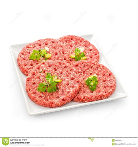Four Raw Hamburger Slices On White Plate Stock Image Image Of Cooking