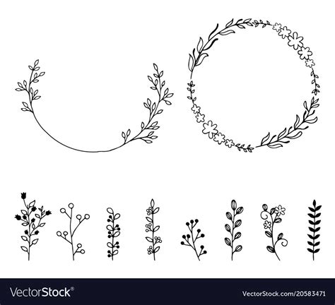 Set Of Doodle Hand Drawn Design Elements Wreath Vector Image