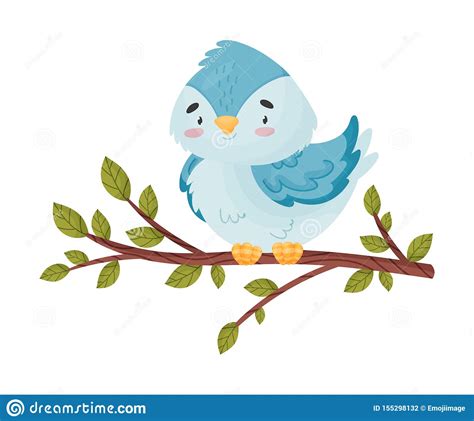 Cartoon Bird Sitting On A Branch Vector Illustration On White