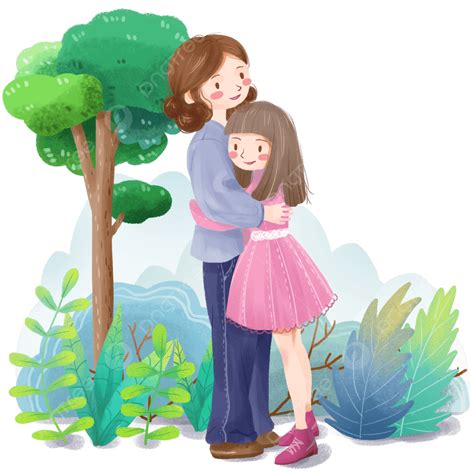 Mom Hugging Daughter Clipart Transparent Background Hand Drawn Cartoon