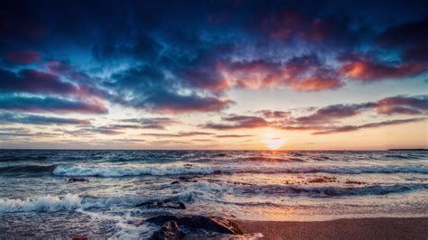 1920x1080 Beach Sunset Waves Clouds Sea Coolwallpapersme