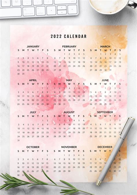 2022 Printable Calendar One Page Watercolor World Of Printables