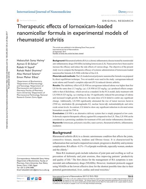 Pdf Therapeutic Effects Of Lornoxicam Loaded Nanomicellar Formula In