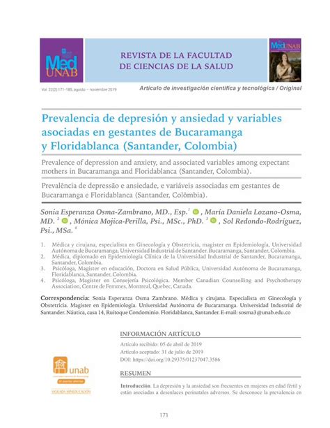 Pdf Prevalencia De Depresión Y Ansiedad Y Variables Asociadas