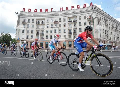 22062019 Minsk Belarus The Peleton Goes Past Some Soviet Style