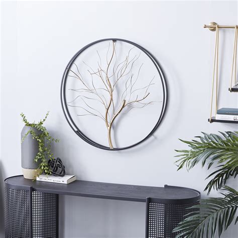 Decmode Large Round Glam Metal Wall Décor W Black Metal Frame And Tree