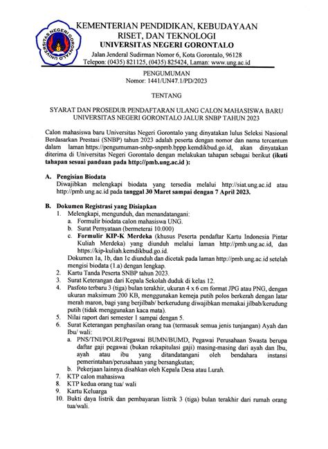 Ptn Syarat Dan Prosedur Pendaftaran Ulang Calon Mahasiswa Baru Universitas Negeri Gorontalo