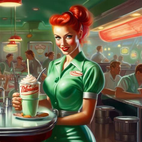 1950s Diner Neon And Chrome With A Pinup Waitress Uniform Redhead Red Lips Beautiful Green Eyes