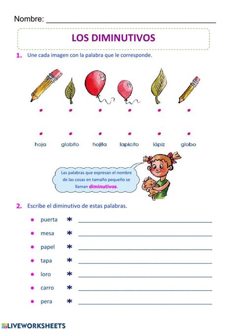 A Spanish Worksheet With The Words Los Dimunitivs And Balloons On It