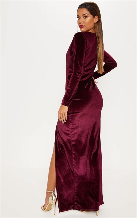 Burgundy Velvet Plunge Split Maxi Dress Prettylittlething Uae