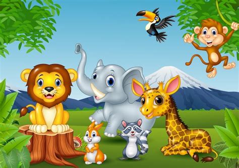 Dibujos Animados De Animales Salvajes En La Jungla Vector Premium