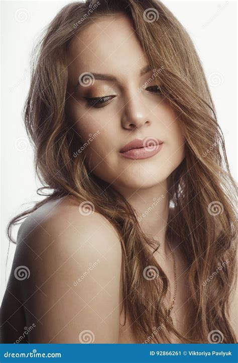 Lovely Woman Face With Nude Makeup At Studio On White Background Stock Image Image Of