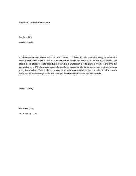 Carta Solicitud Cambio De Ips Sura Medellin 22 De Febrero De 2022 Srs