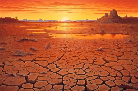Dry Land At Sunset Representing Drought And Lack Of Water Climate