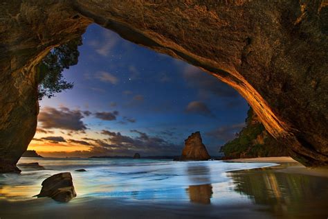 Cave Beach Sea Sunset Clouds Stars Nature Landscape Wallpaper And