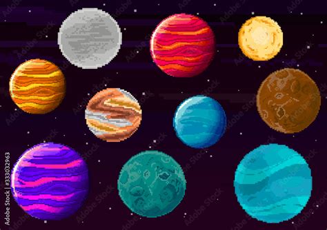 Fototapeta Set Of Pixel Planets For Game Vector Of Starry Sky In Retro
